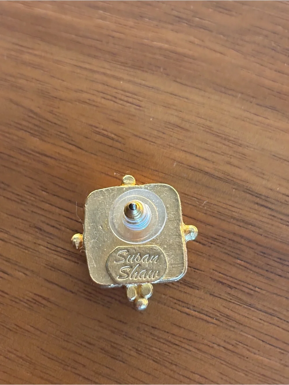 Susan Shaw Gold Square Pink Glass Stud Earrings